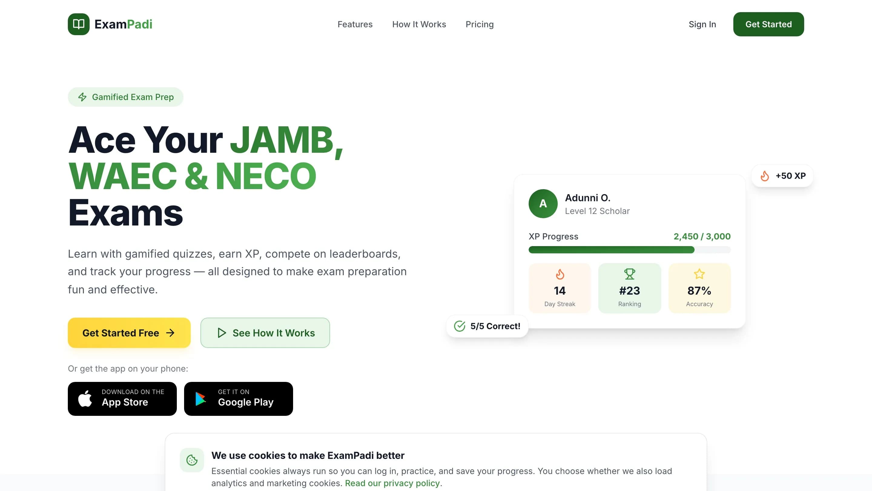 ExamPadi — Gamified exam-prep for students sitting JAMB, WAEC, and NECO.